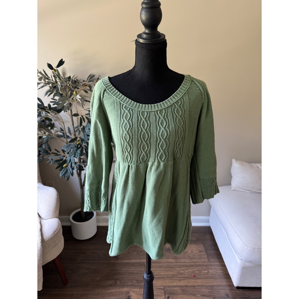 Calvin Klein Jeans Green Cable Knit Babydoll Sweater Scoop Neck 3/4 Sleeve L
